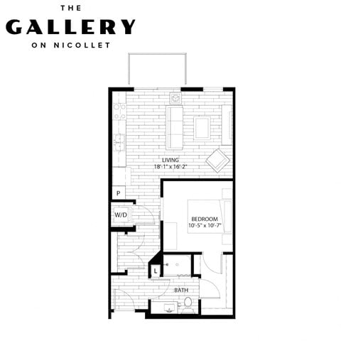 Floor plan for 1 bed, 1 bath, 658 sqft